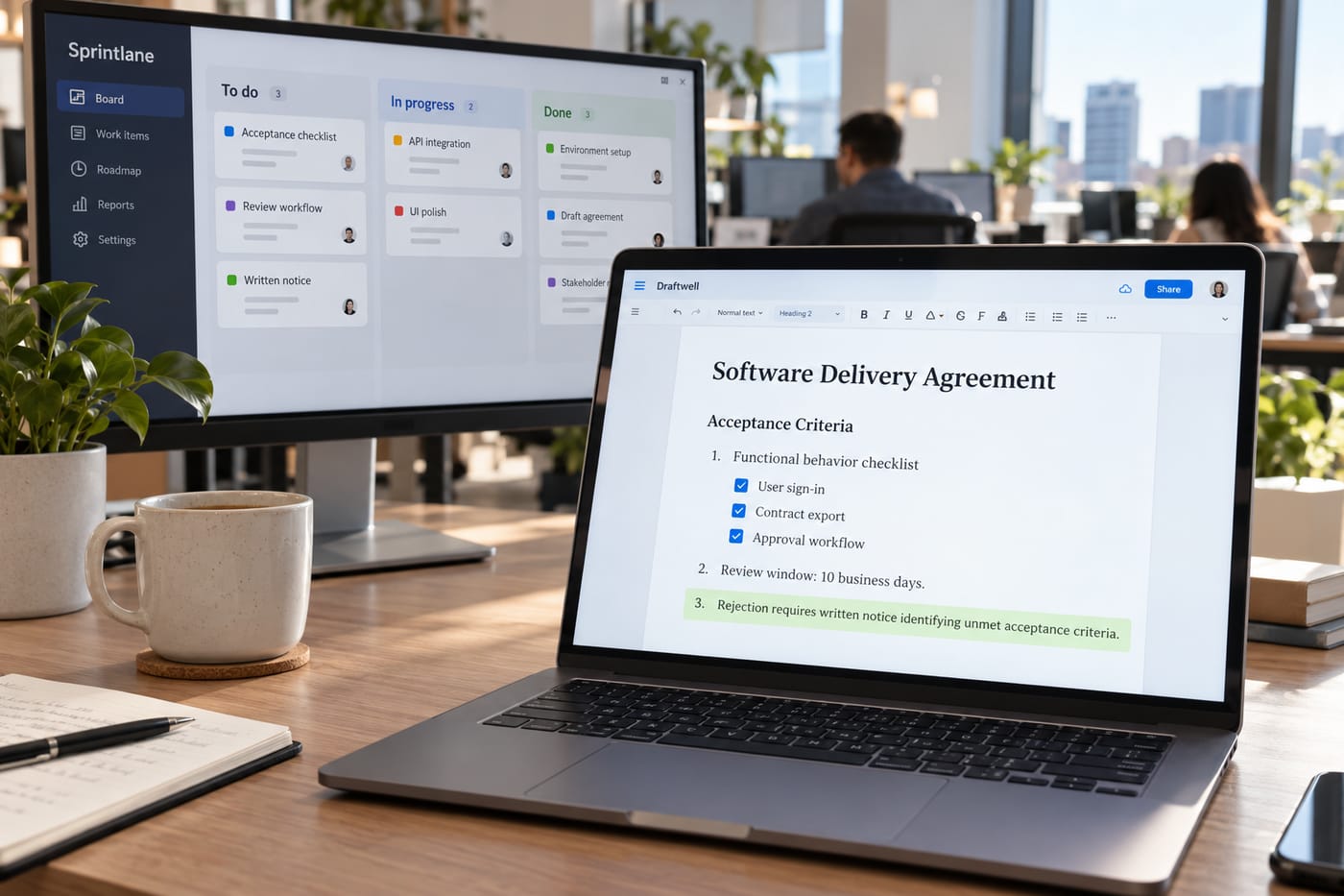 Laptop screen showing a well-drafted acceptance criteria clause in a SaaS development SOW
