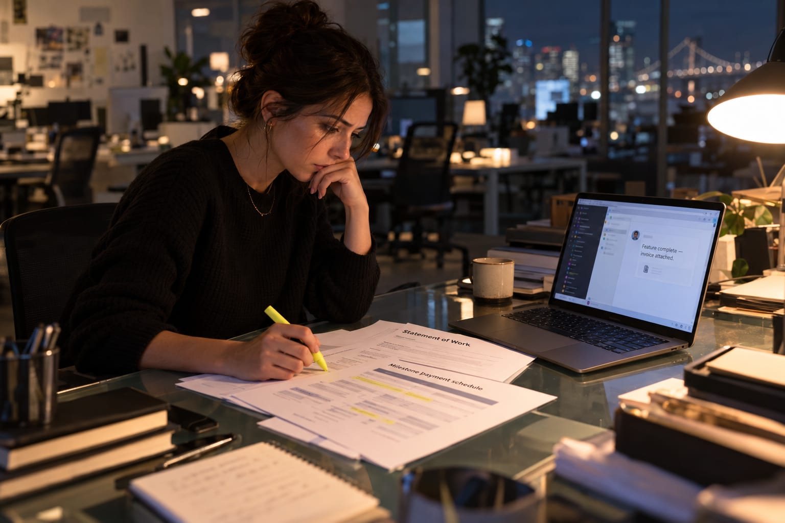 Founder reviewing an offshore dev studio SOW milestone payment clause at her desk late at night
