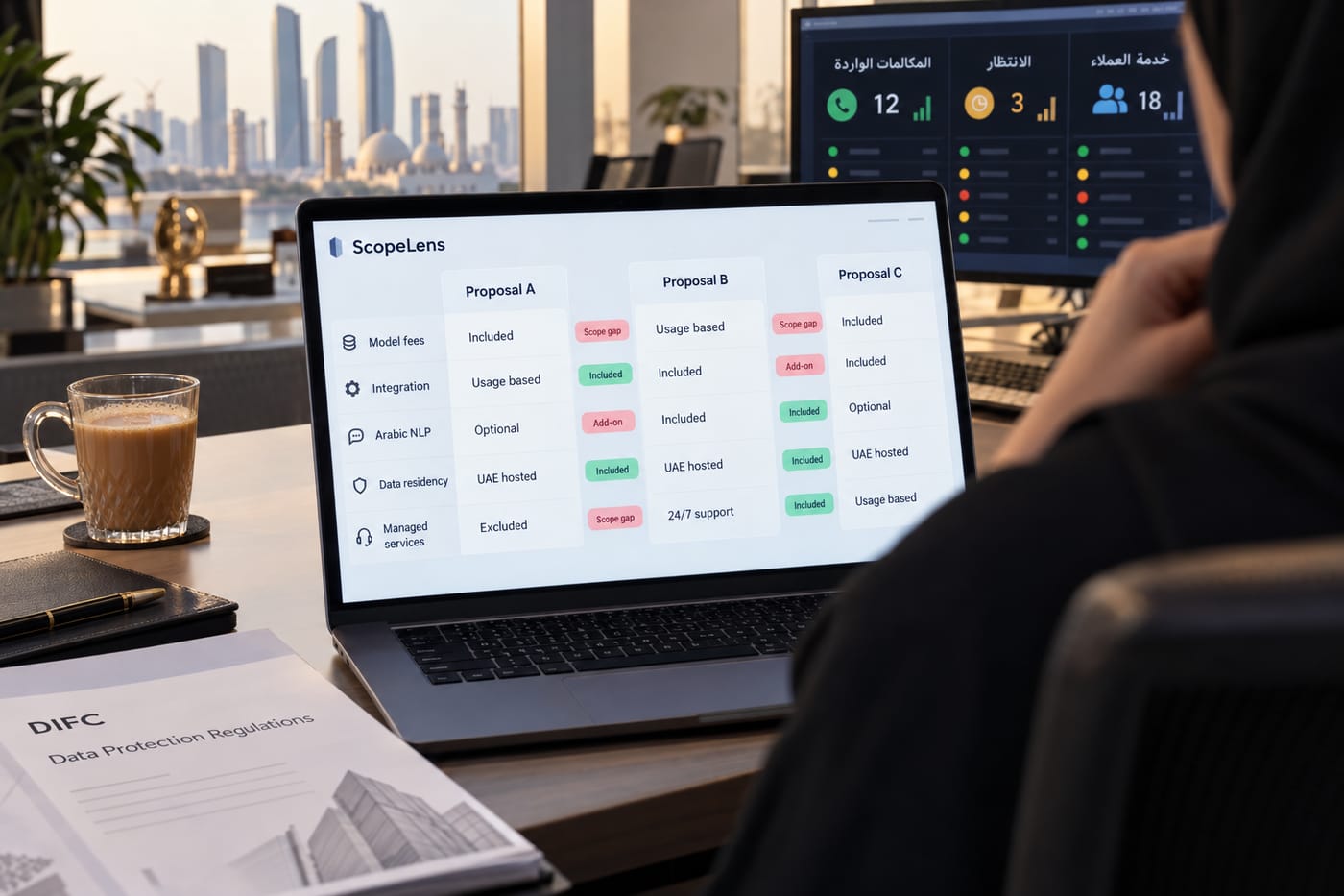 Vendor comparison dashboard on a laptop in a UAE office showing AI support agent quote line items side by side