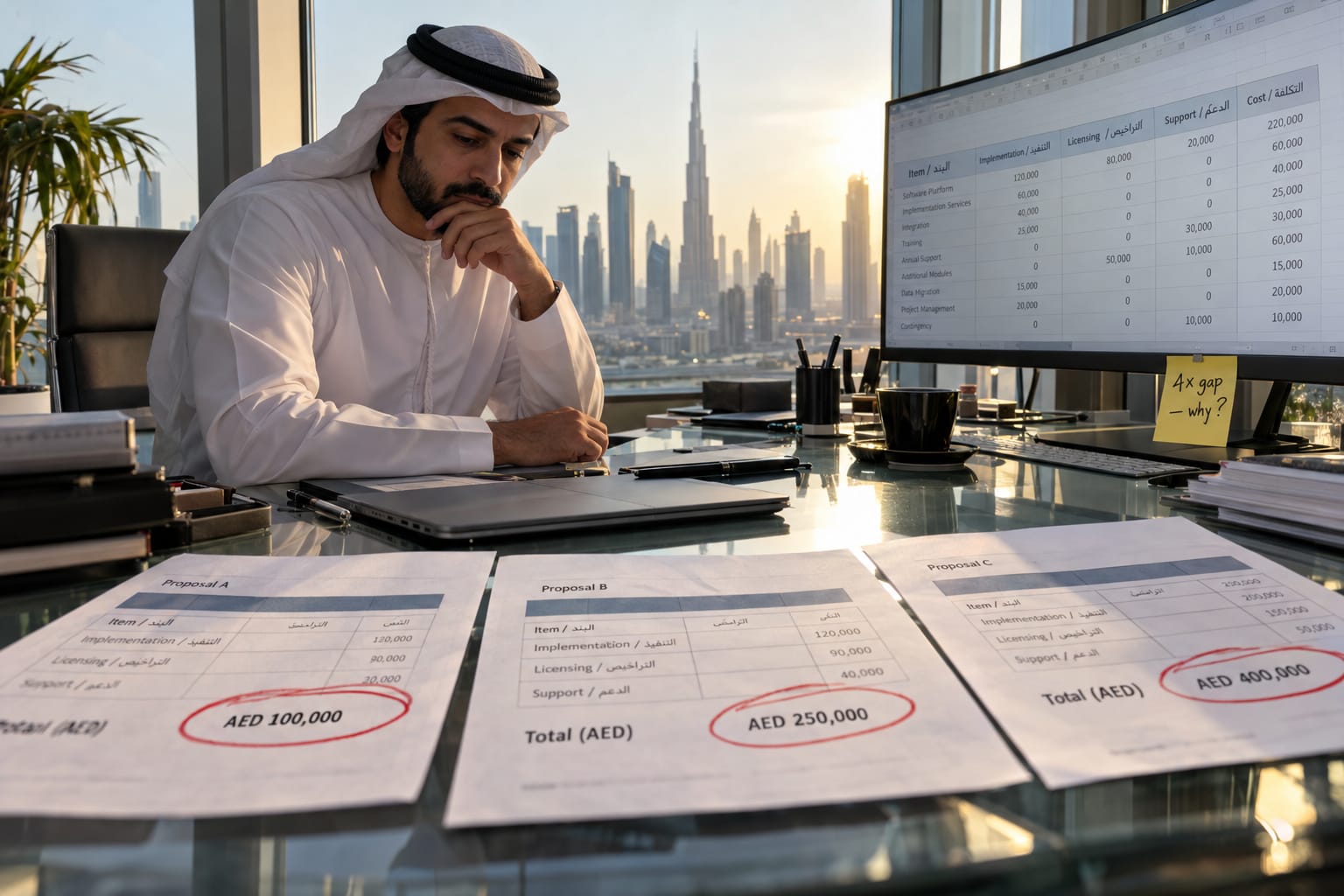 UAE executive reviewing three divergent AI support agent vendor quotes at a Dubai office with city skyline visible