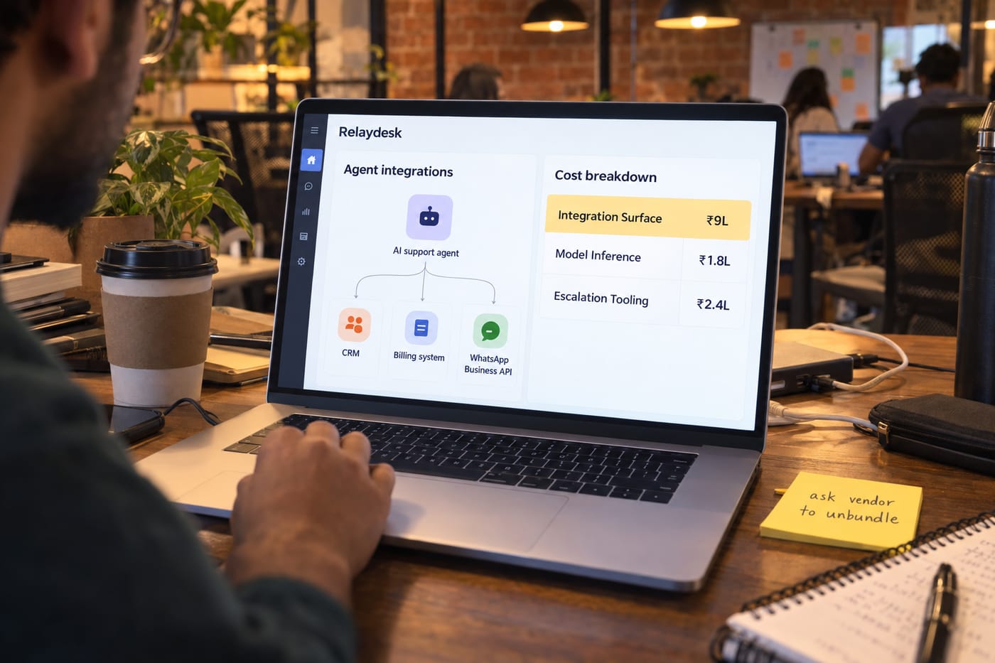 Laptop screen in a Bengaluru office showing an AI agent cost-breakdown dashboard with integration surface highlighted as the top cost driver.