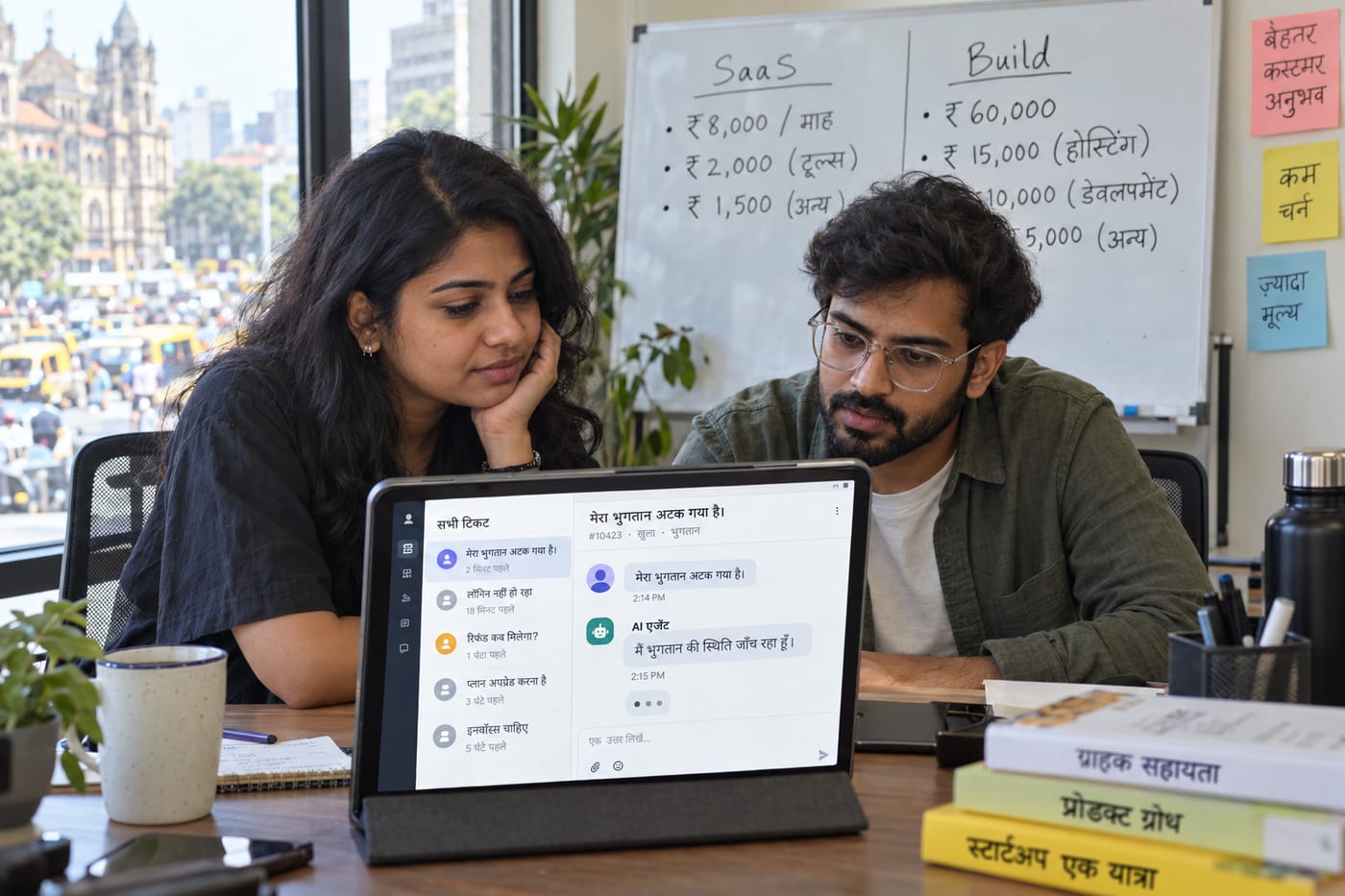 A founder and CX lead in a Mumbai startup office reviewing a SaaS helpdesk interface on a tablet beside a SaaS-vs-build whiteboard.