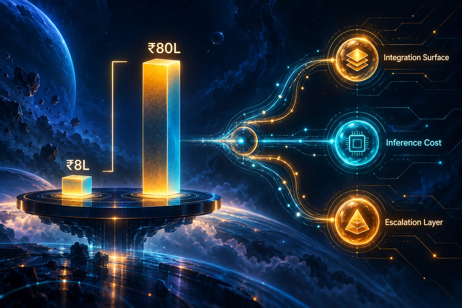 Synthetic AI visual showing a ₹8L–₹80L cost range bracket alongside three glowing cost-driver nodes on a dark indigo background.