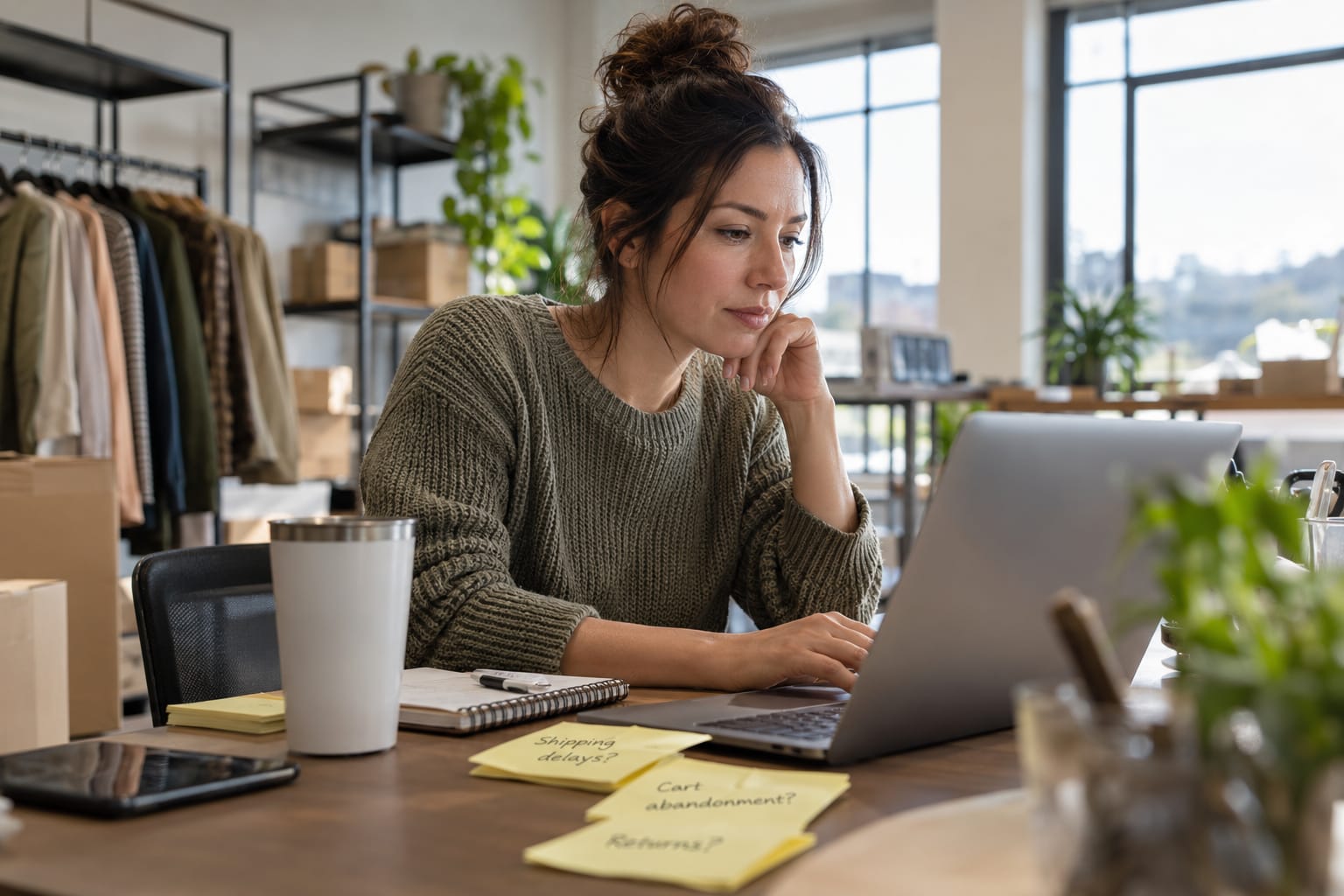 Solo customer support manager working alone at a laptop in a small e-commerce office, surrounded by handwritten notes