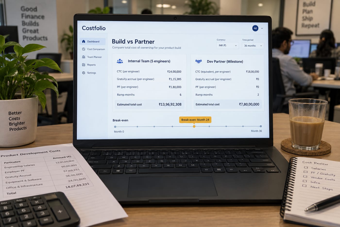 Laptop dashboard comparing fully-loaded cost of an internal engineering team versus a development partner