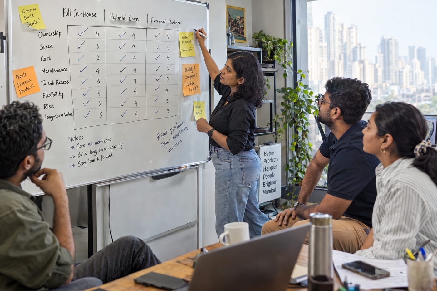 Engineer scores three operating-model options on a whiteboard in an Indian startup office
