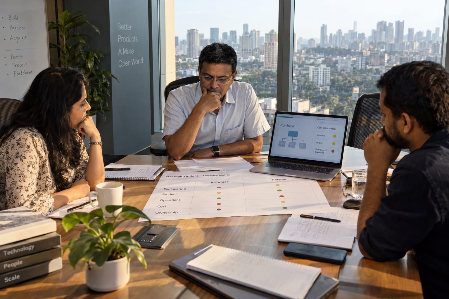 CTO reviews a build-vs-partner decision matrix with colleagues in a Bengaluru boardroom