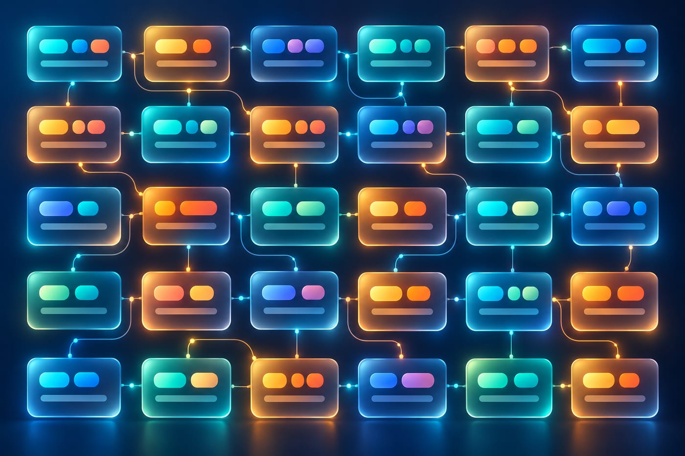 Synthetic illustration of a glowing 30-card content grid with abstract tags, representing a month of AI-generated social posts.