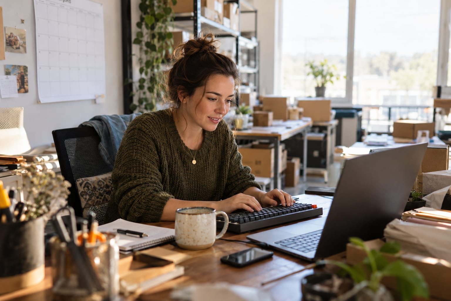 Solo marketing manager working at a desk, laptop open and angled away, paper calendar with blank squares on the wall behind her.