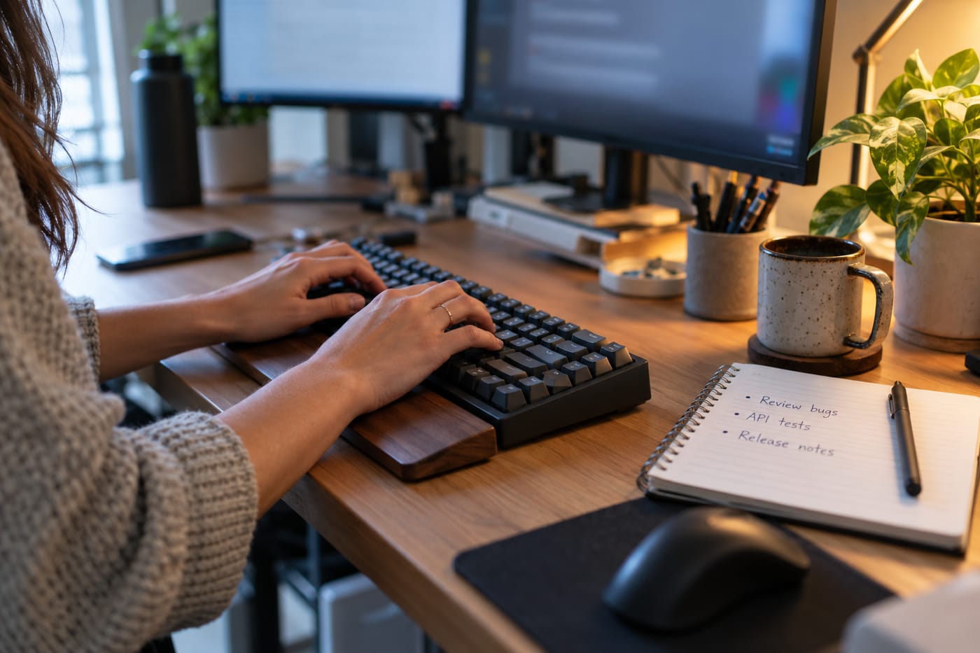 Close-up of hands typing at a standing desk with a handwritten competency list on a notepad nearby