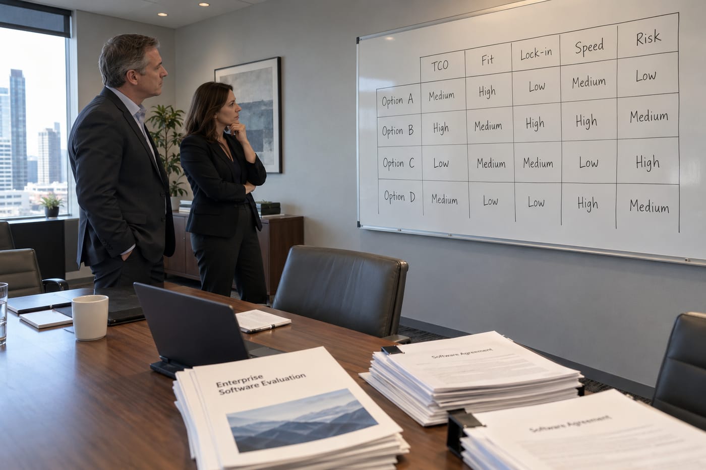 Two executives score build-vs-buy options across five axes on a whiteboard in a US boardroom.