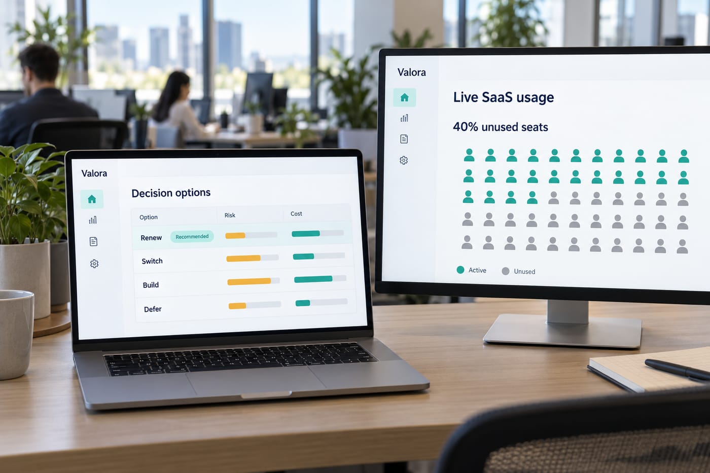 A custom enterprise scoring dashboard on a MacBook Pro compares Renew, Switch, Build, and Defer options.