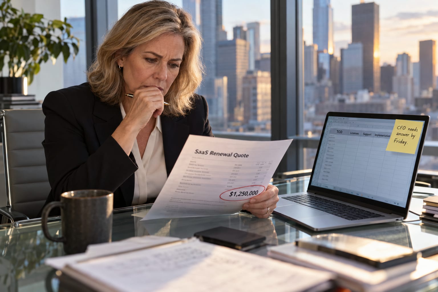 A CIO reviews a SaaS renewal quote at a corporate conference table, laptop open to a TCO spreadsheet.