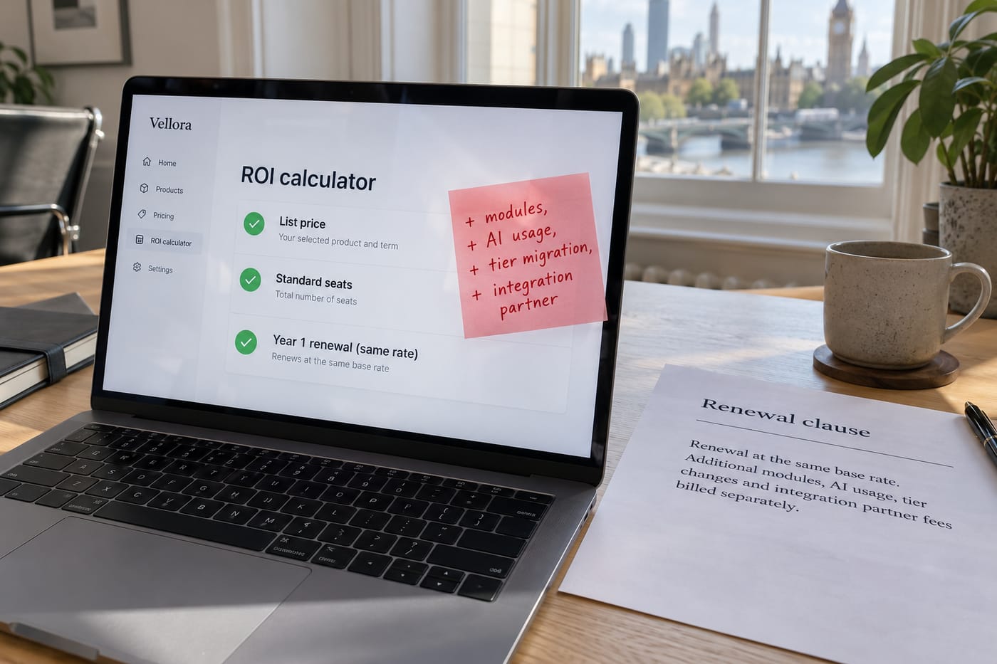 Laptop showing a SaaS vendor ROI calculator with hidden cost items highlighted by a red sticky note annotation.