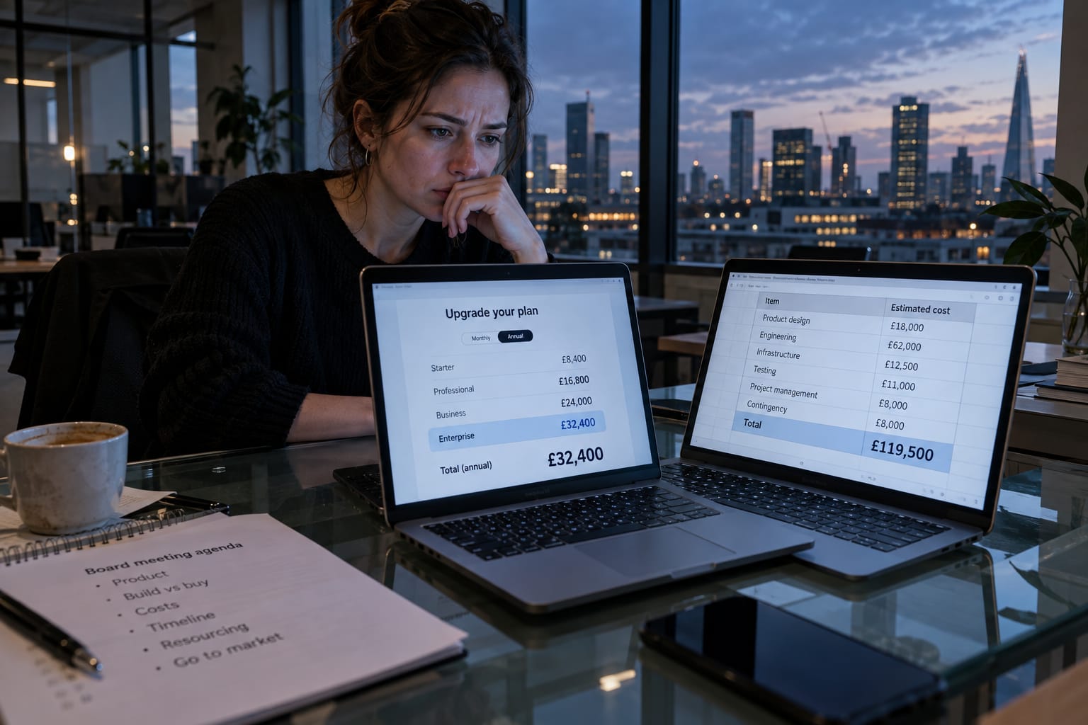 Founder comparing SaaS subscription costs versus custom build spreadsheet on two laptops at a London co-working desk at dusk.