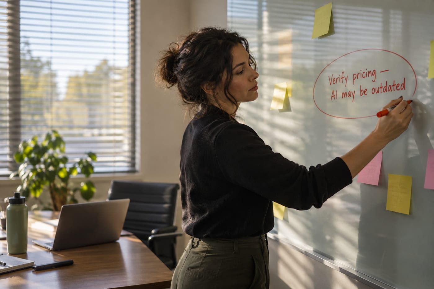 Marketing manager circling a warning note on a whiteboard reminding her to verify AI-sourced pricing data