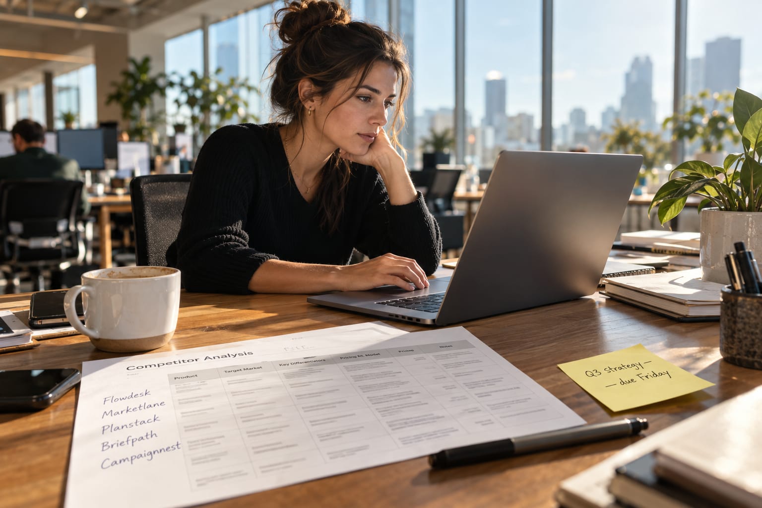 Marketing manager reviewing a competitor analysis spreadsheet at her laptop in a bright open-plan office