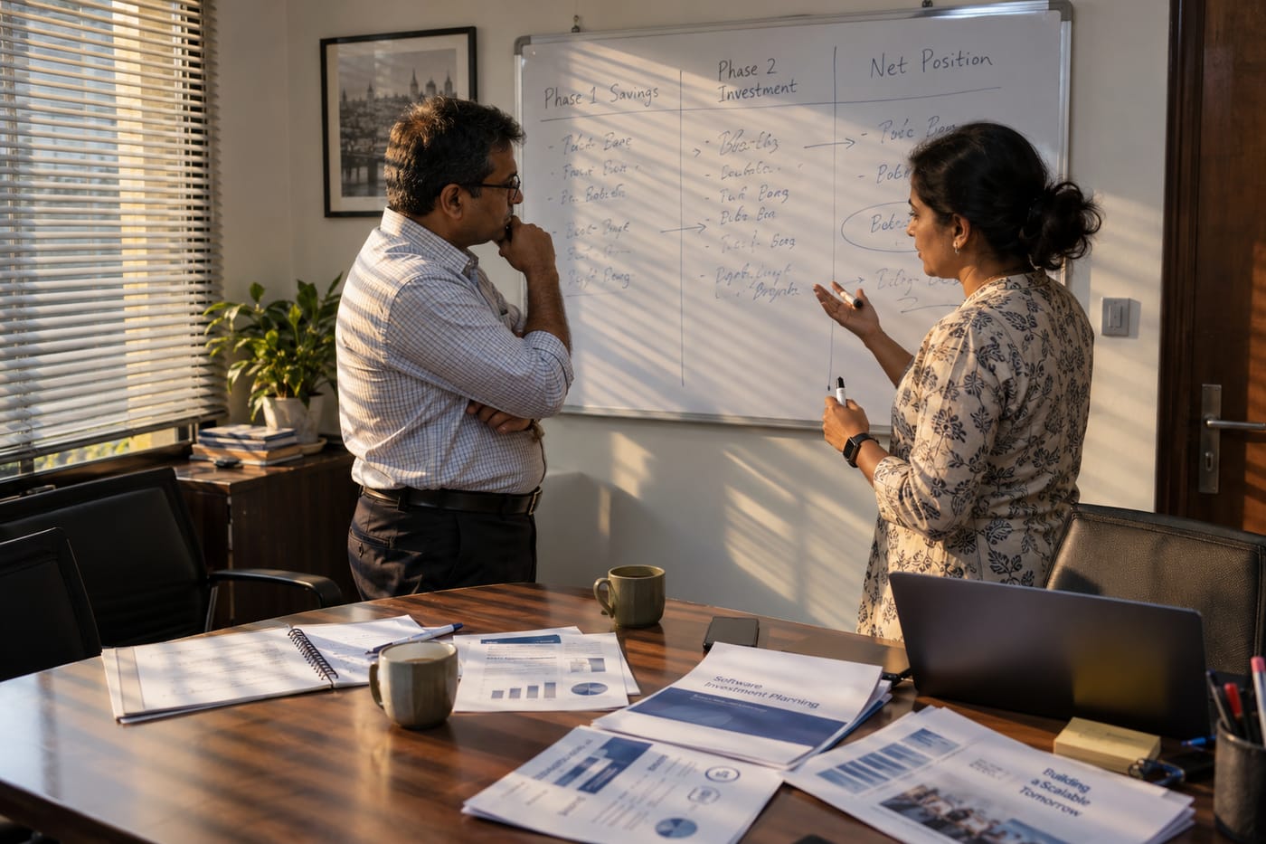 CFO and CIO at a whiteboard in an Indian boardroom mapping how Phase 1 licence savings fund the Phase 2 migration spend