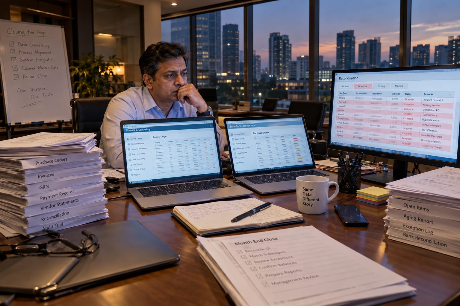 Indian CIO at a conference table managing two conflicting ERP dashboards and a reconciliation spreadsheet after an acquisition