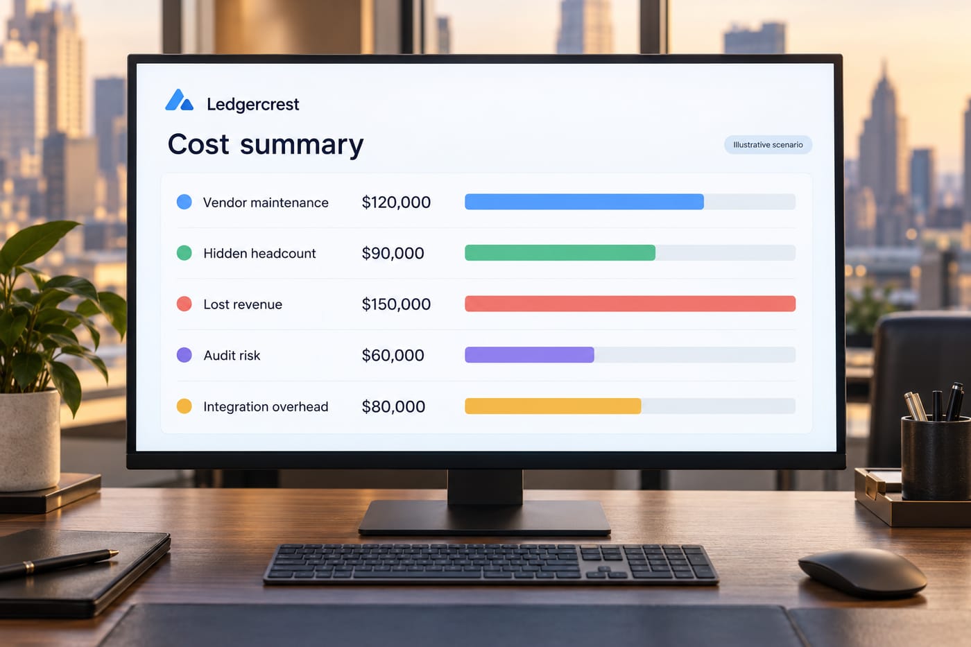 Dashboard on a desktop monitor showing five ERP cost buckets with dollar totals and bar charts on one page