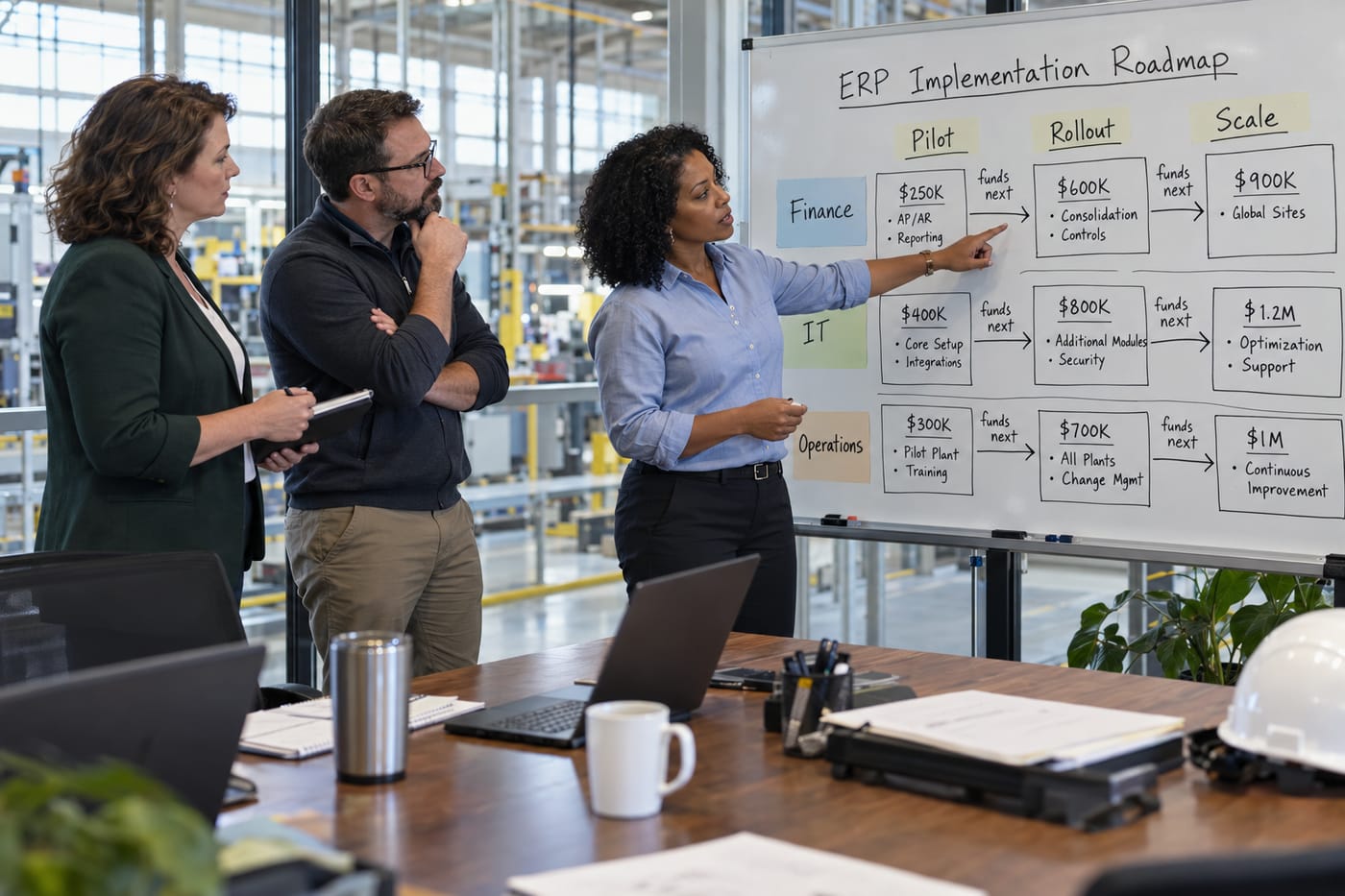 Finance and IT team discussing a phased ERP modernization roadmap drawn on a whiteboard in a US office