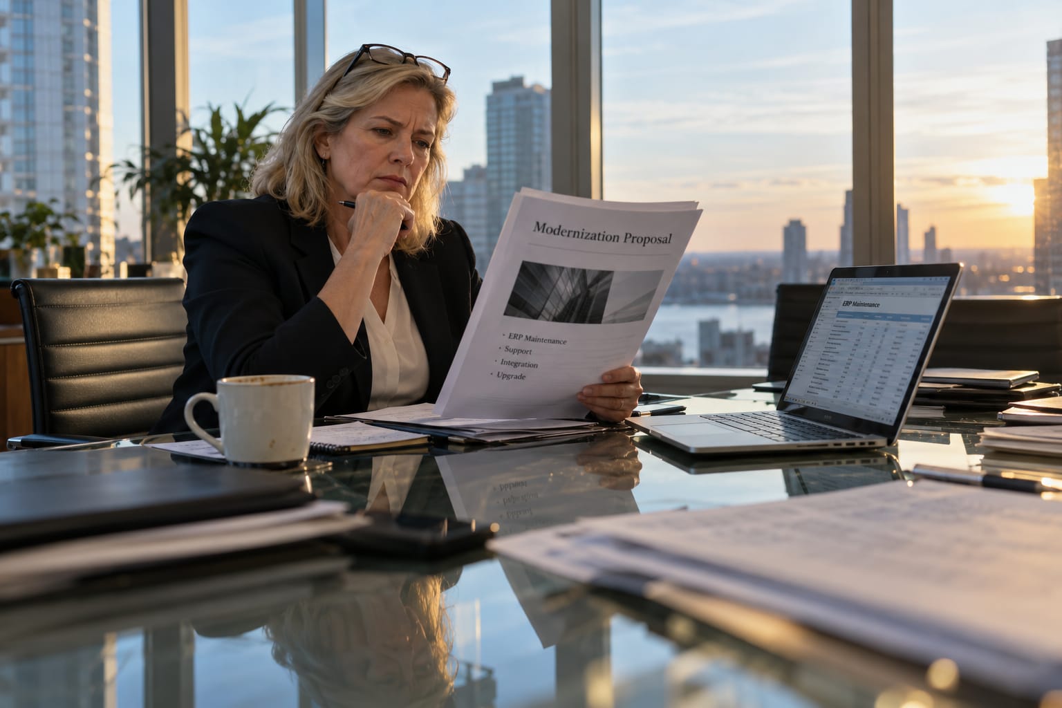 CFO reviewing an ERP modernization proposal at a conference table with a cost spreadsheet open on her laptop