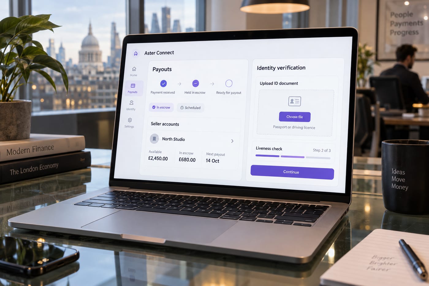 Laptop showing Stripe Connect payout dashboard and KYC identity verification screen side by side