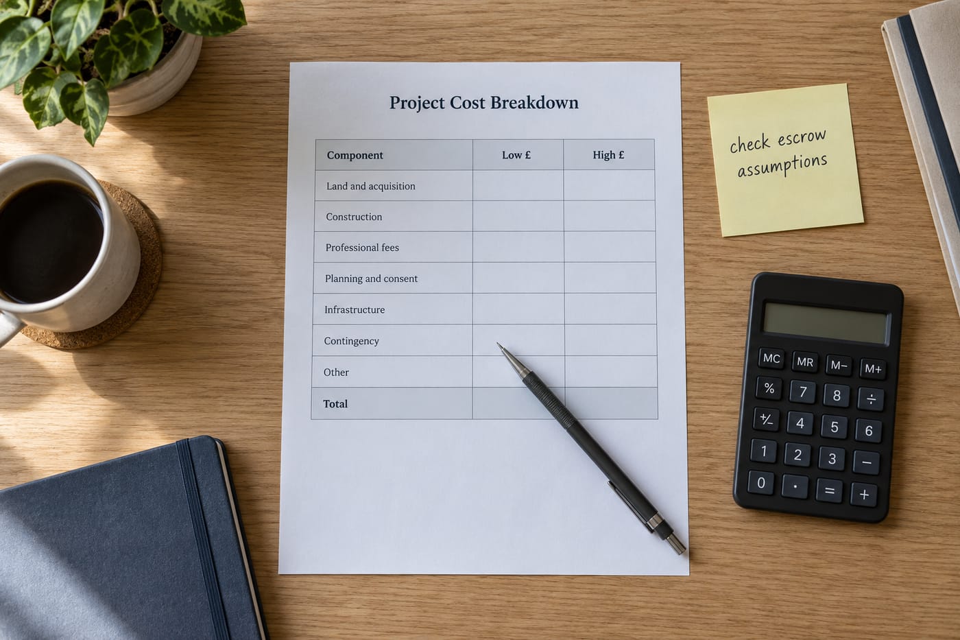 Flat-lay of a printed marketplace cost-breakdown table with handwritten sticky note and calculator