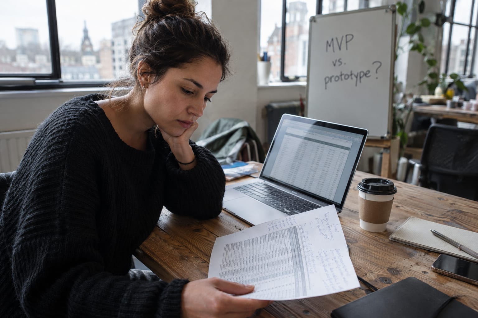 UK founder reviewing a marketplace budget spreadsheet at a London co-working space desk