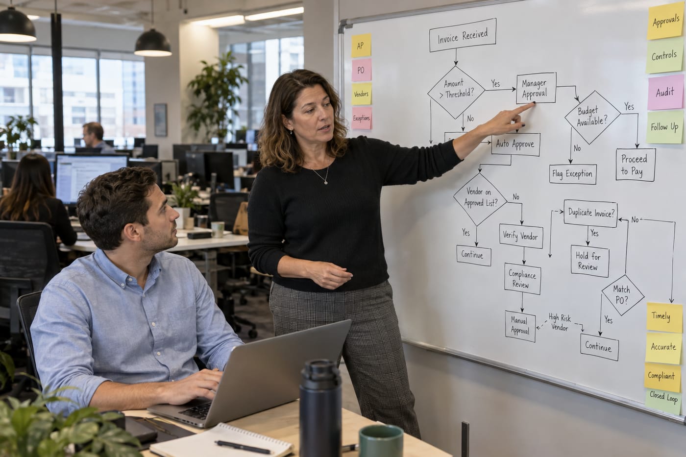 Finance controller explaining undocumented approval workflows on a whiteboard to an ops manager