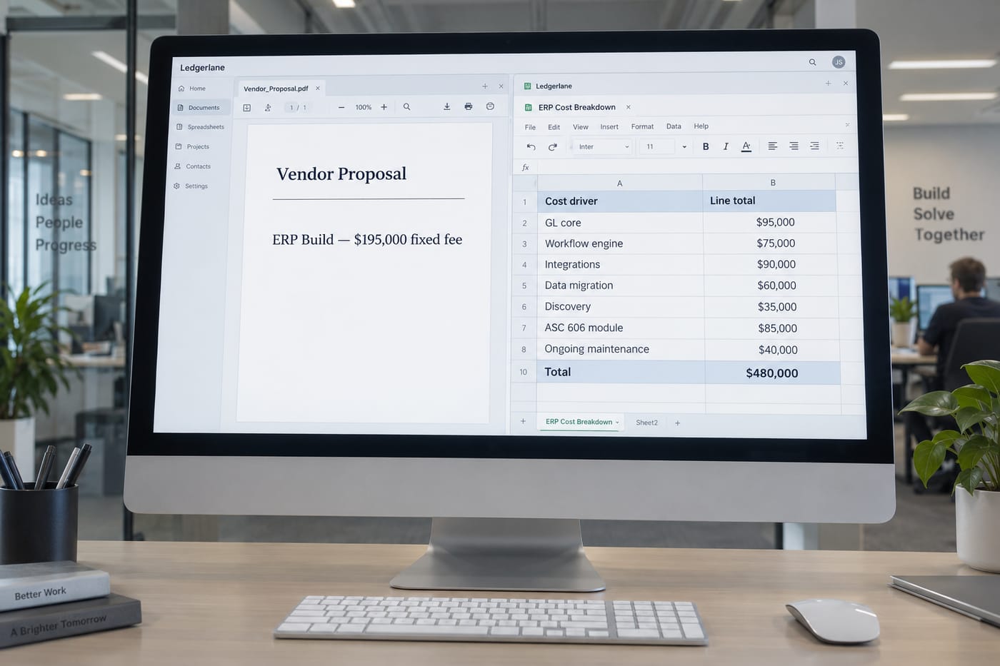 iMac showing a low fixed-fee ERP quote alongside a detailed seven-driver cost breakdown spreadsheet