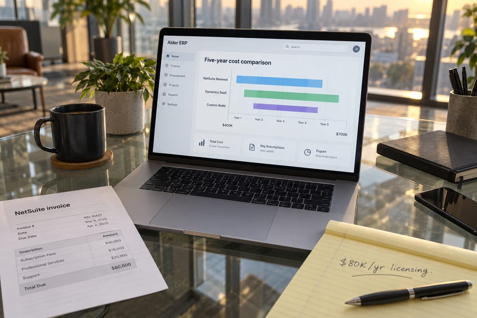 MacBook showing custom ERP cost comparison chart next to a NetSuite invoice on a startup founder's desk