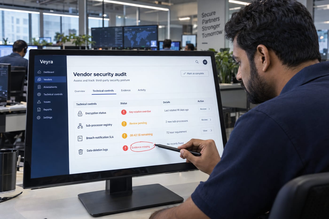 IT engineer in Bengaluru reviewing a vendor security control dashboard with amber and red compliance flags.