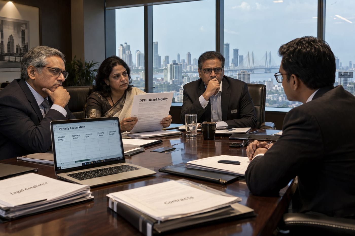 Indian CIO and legal head facing a lawyer over a DPDP Board inquiry notice in a high-rise boardroom.