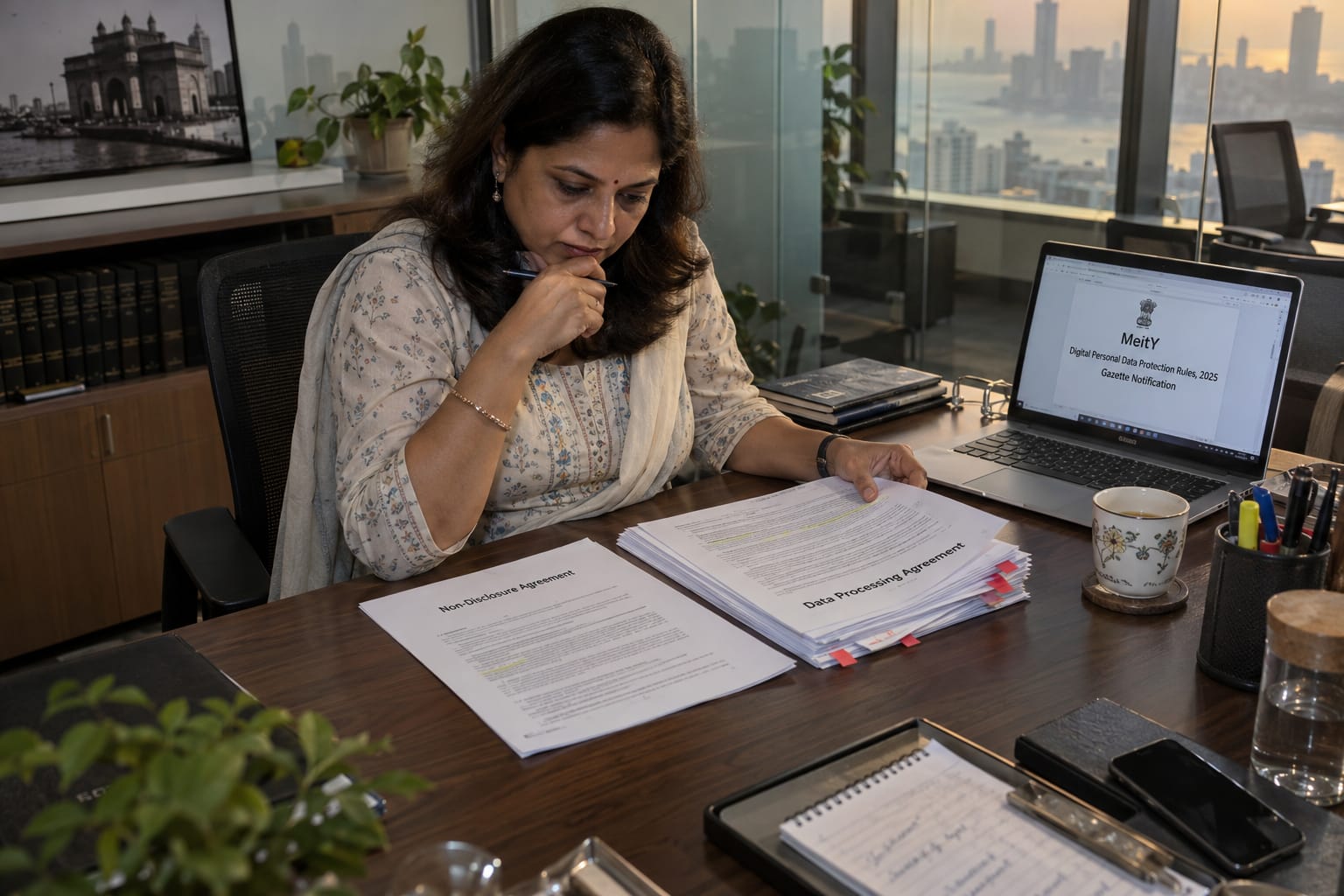 Indian compliance head comparing an NDA with a DPDP Data Processing Agreement at a Mumbai office conference table.