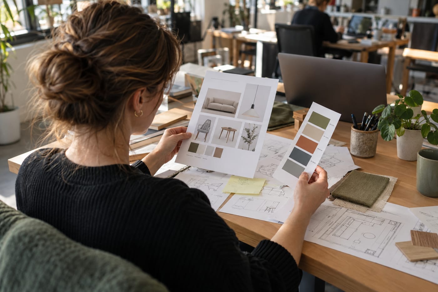 Office manager reviewing a printed design brief and color palette swatches at her desk.