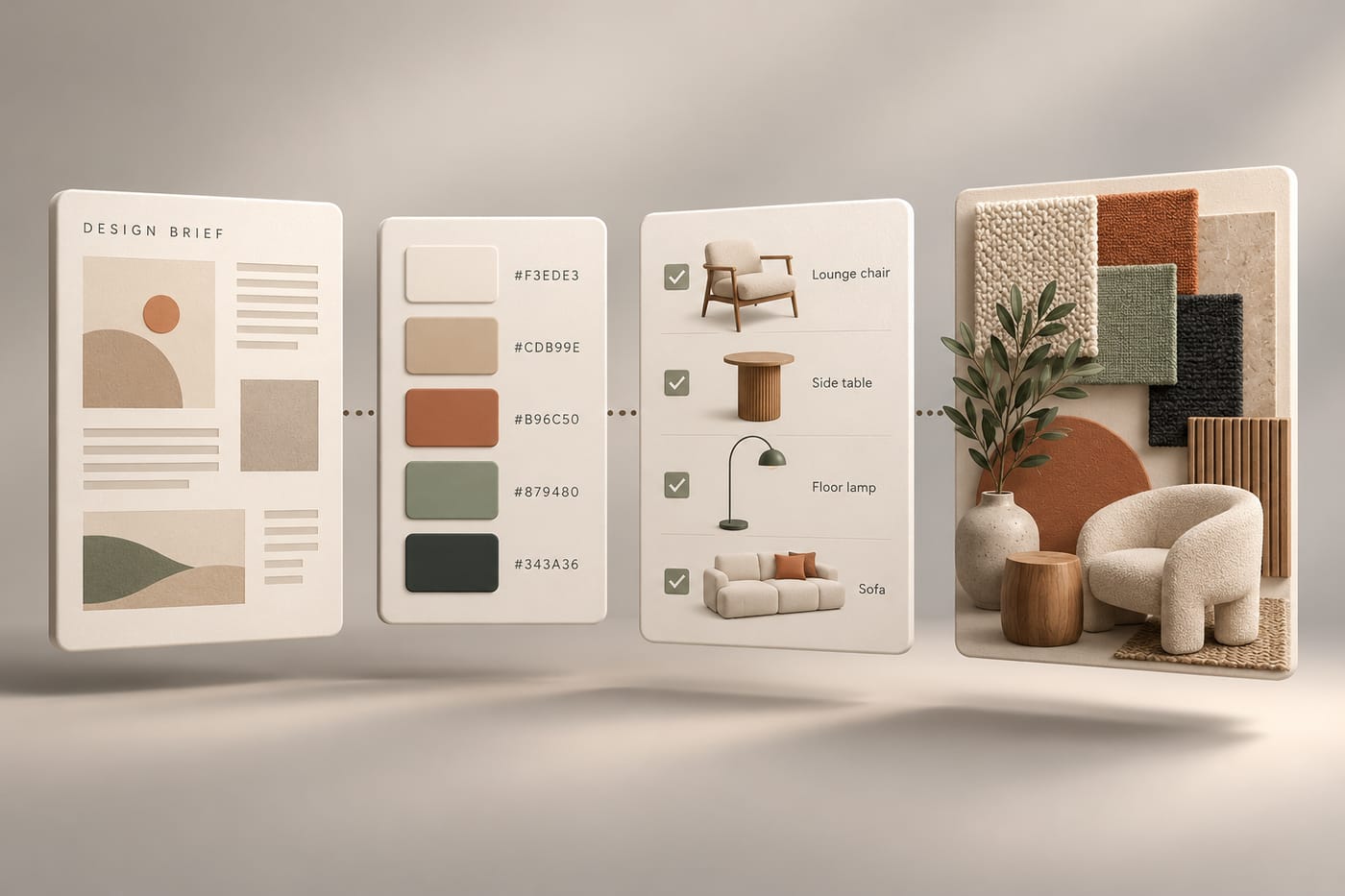 Synthetic illustration of the four design deliverables: written brief, color palette, furniture list, and mood board.