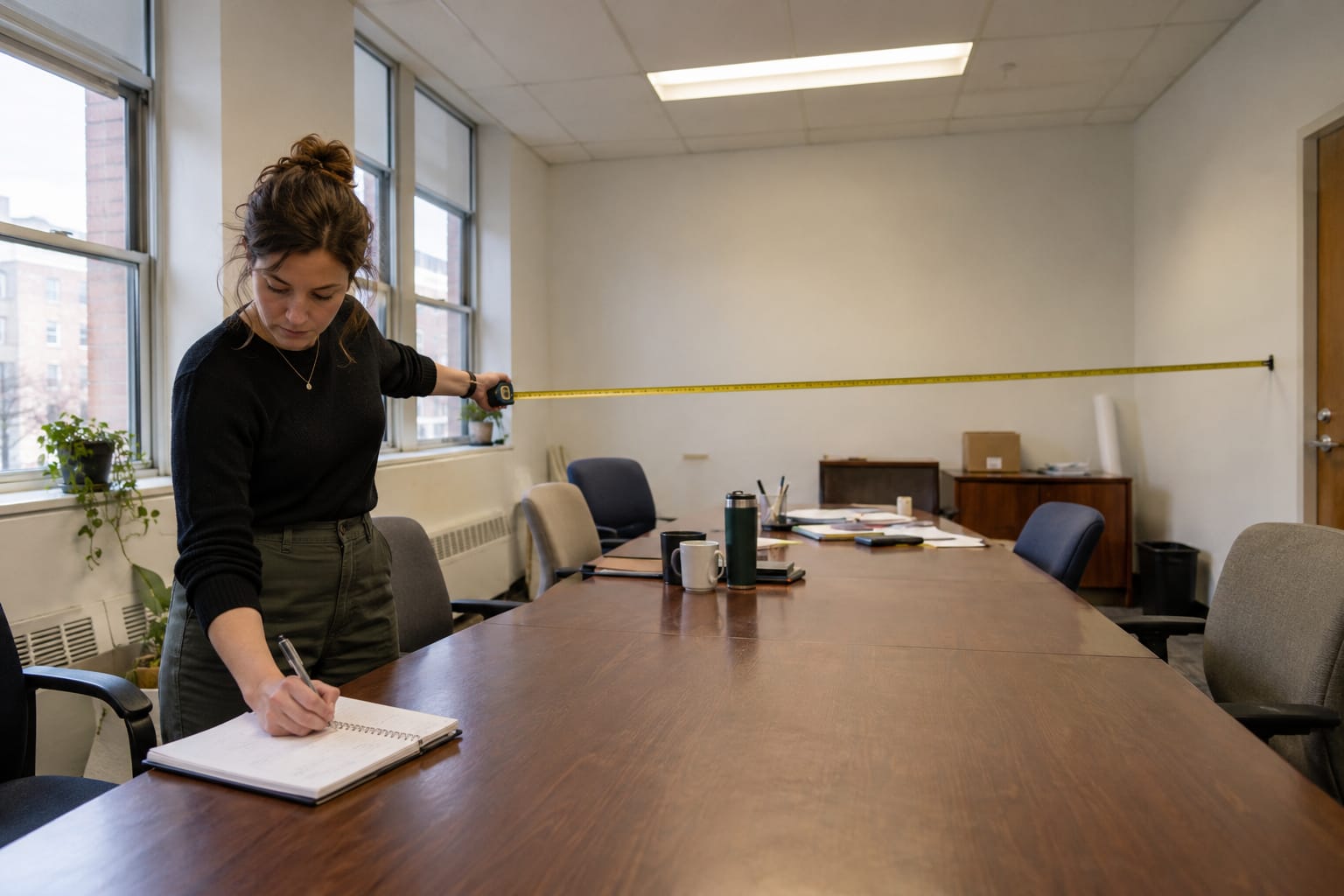 Office manager measuring a plain conference room with a tape measure and notebook before a redesign project.