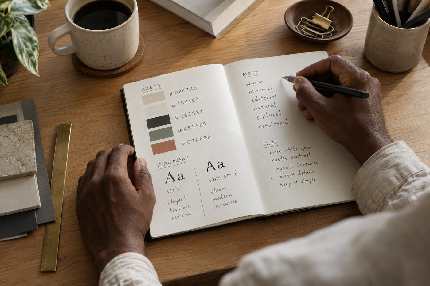 Hands writing hex codes, font names, and mood words in a dot-grid notebook on a wooden desk.