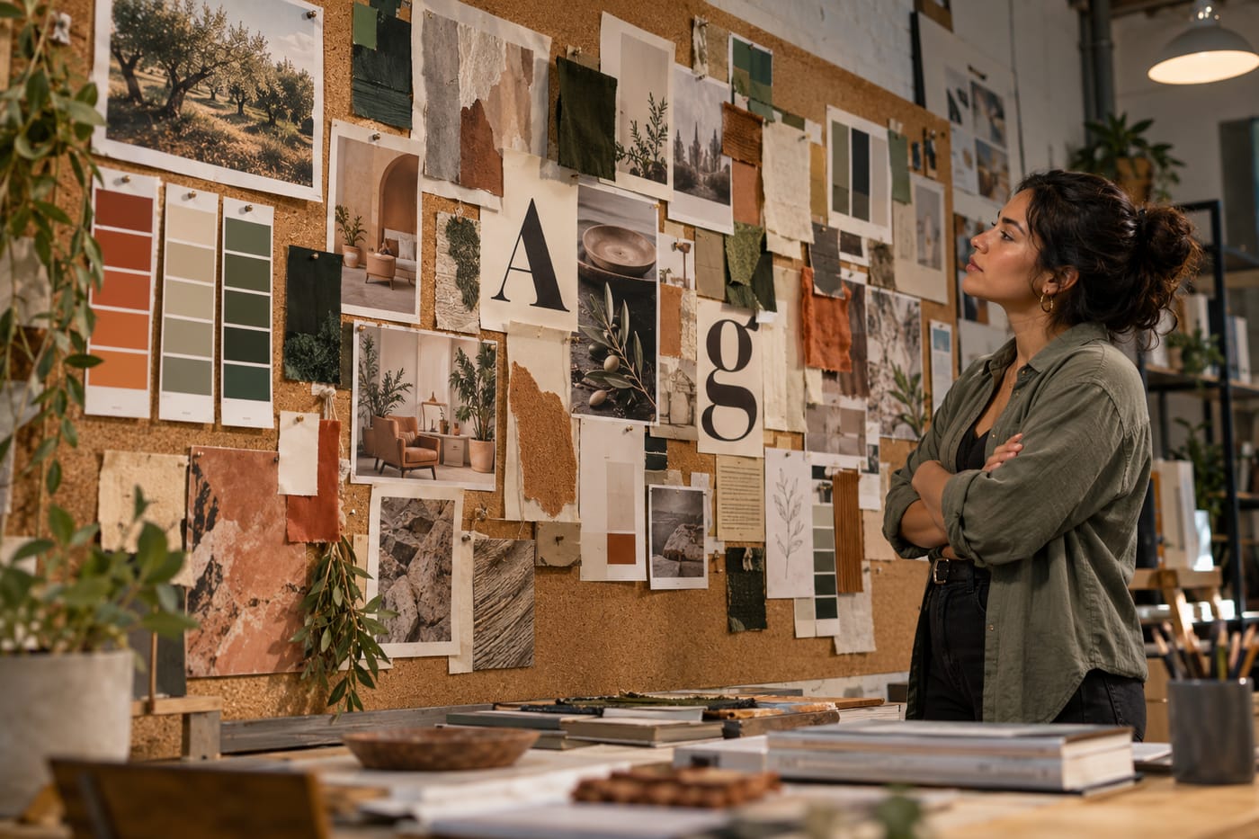 Designer studying a finished physical mood board on a cork wall, showing color strips, type specimens, and reference imagery.