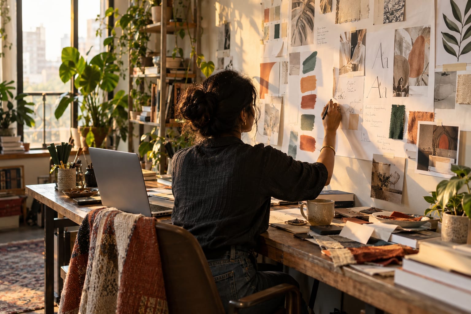 Designer sketching a color palette and typography notes on paper pinned to a studio wall, laptop open beside her.