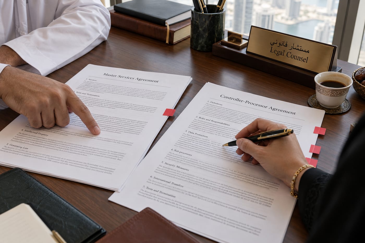 Two contracts — an MSA and a Controller-Processor Agreement — compared side by side on a Dubai law office desk.