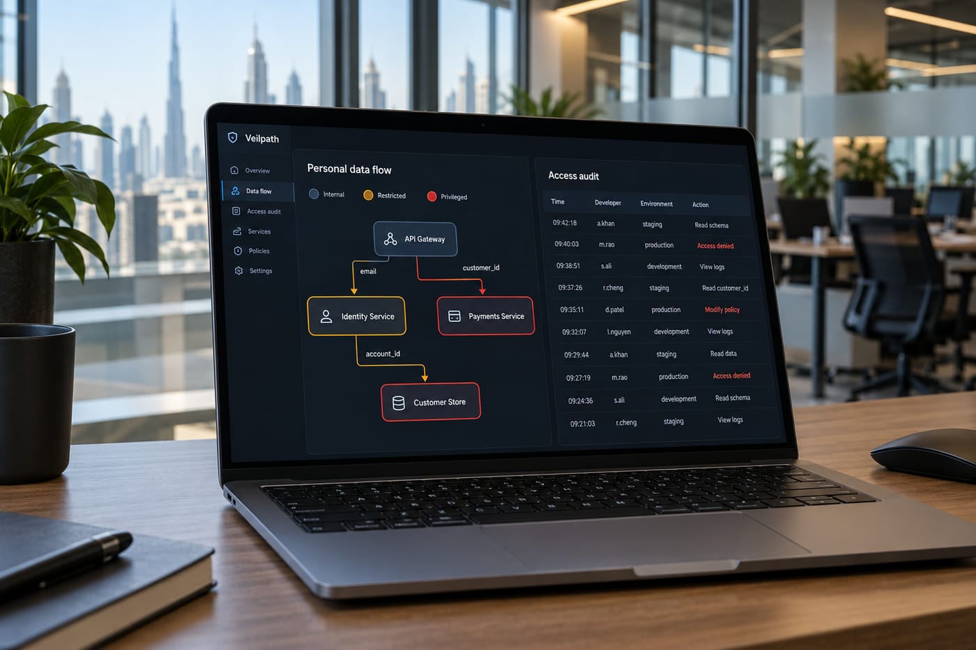 Developer laptop showing a data-flow architecture diagram and access-control audit log for a DIFC-compliant software system.