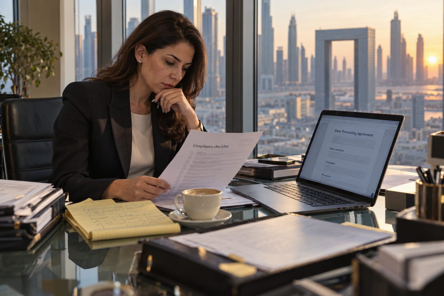 General Counsel reviewing a DIFC data protection compliance checklist in a glass-walled Dubai office at dusk.
