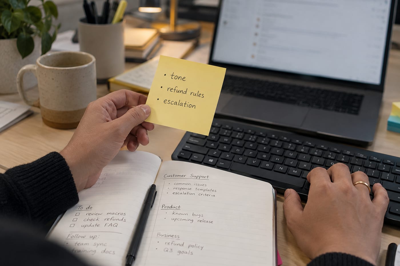 Hands at a keyboard beside a sticky note with handwritten policy reminders, laptop screen blurred in background.