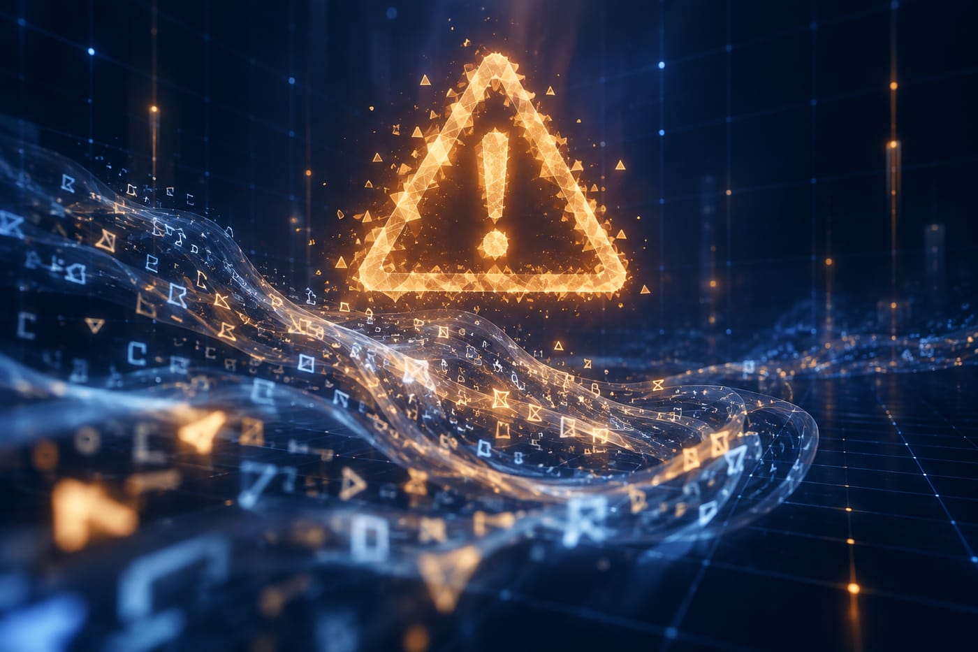 Glowing amber warning triangle above dissolving text fragments on a dark blue digital background.