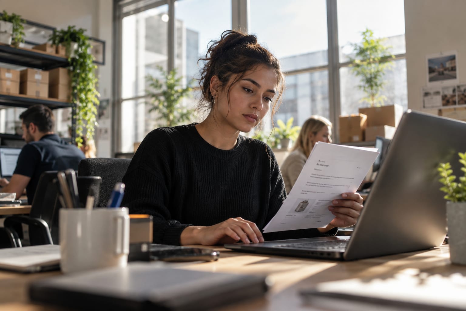 Customer support agent reviewing a printed email at a bright desk in a small e-commerce office.