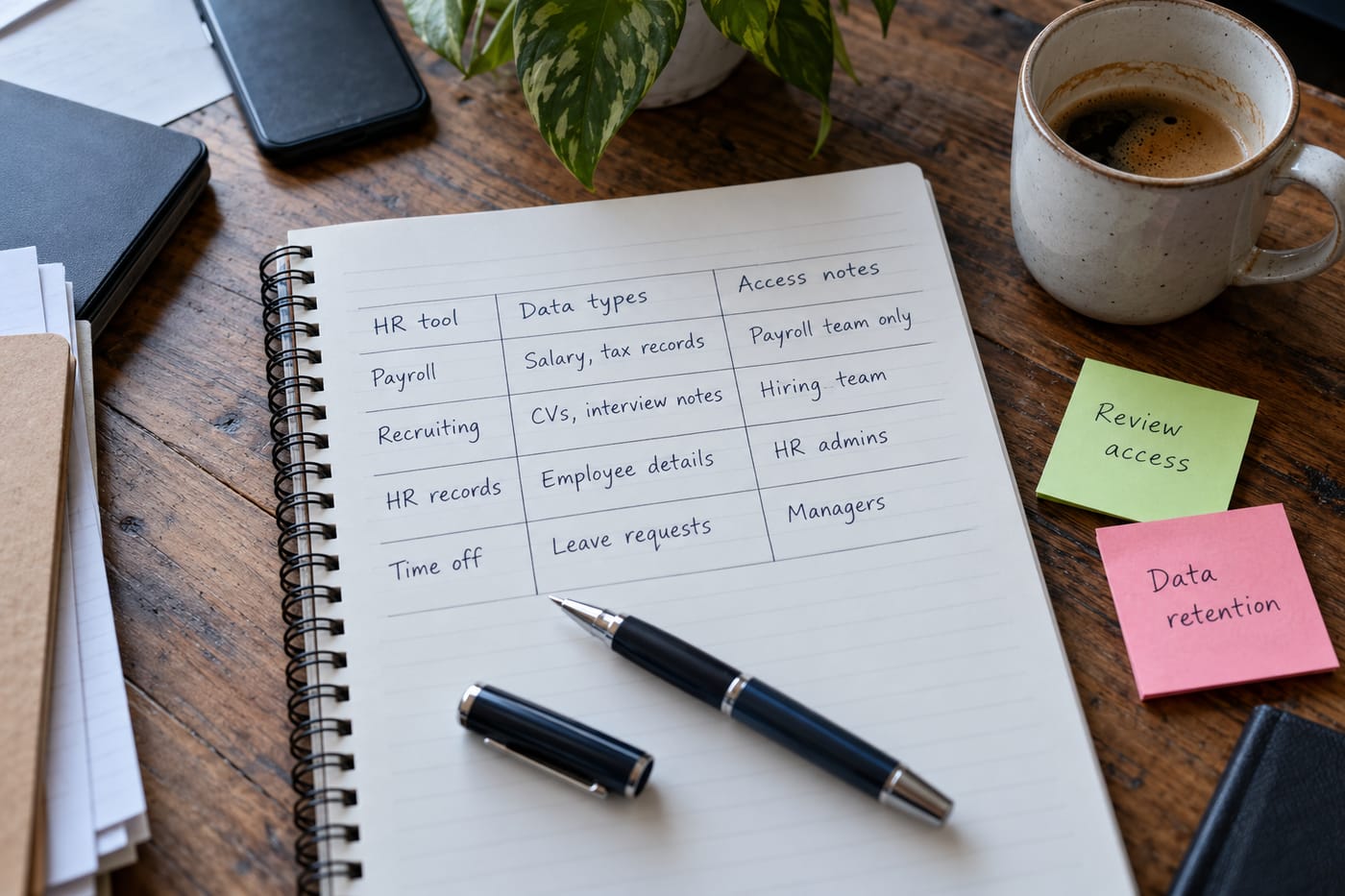 Handwritten HR data-flow inventory on a notebook, the preparation step before using an AI drafting tool