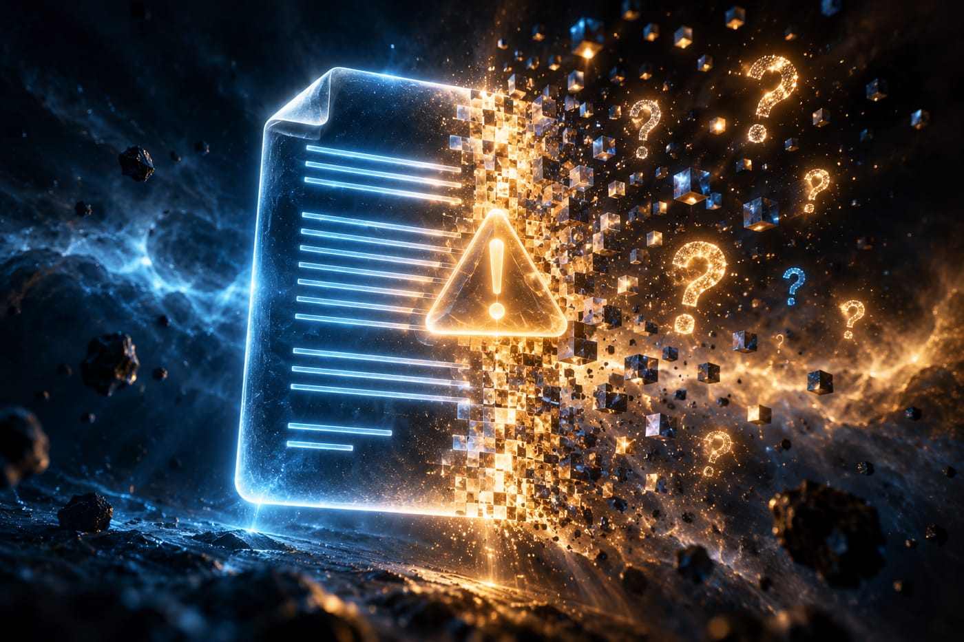 Abstract illustration of an AI-generated document that is complete on one side and fragmenting on the other, representing policy gaps
