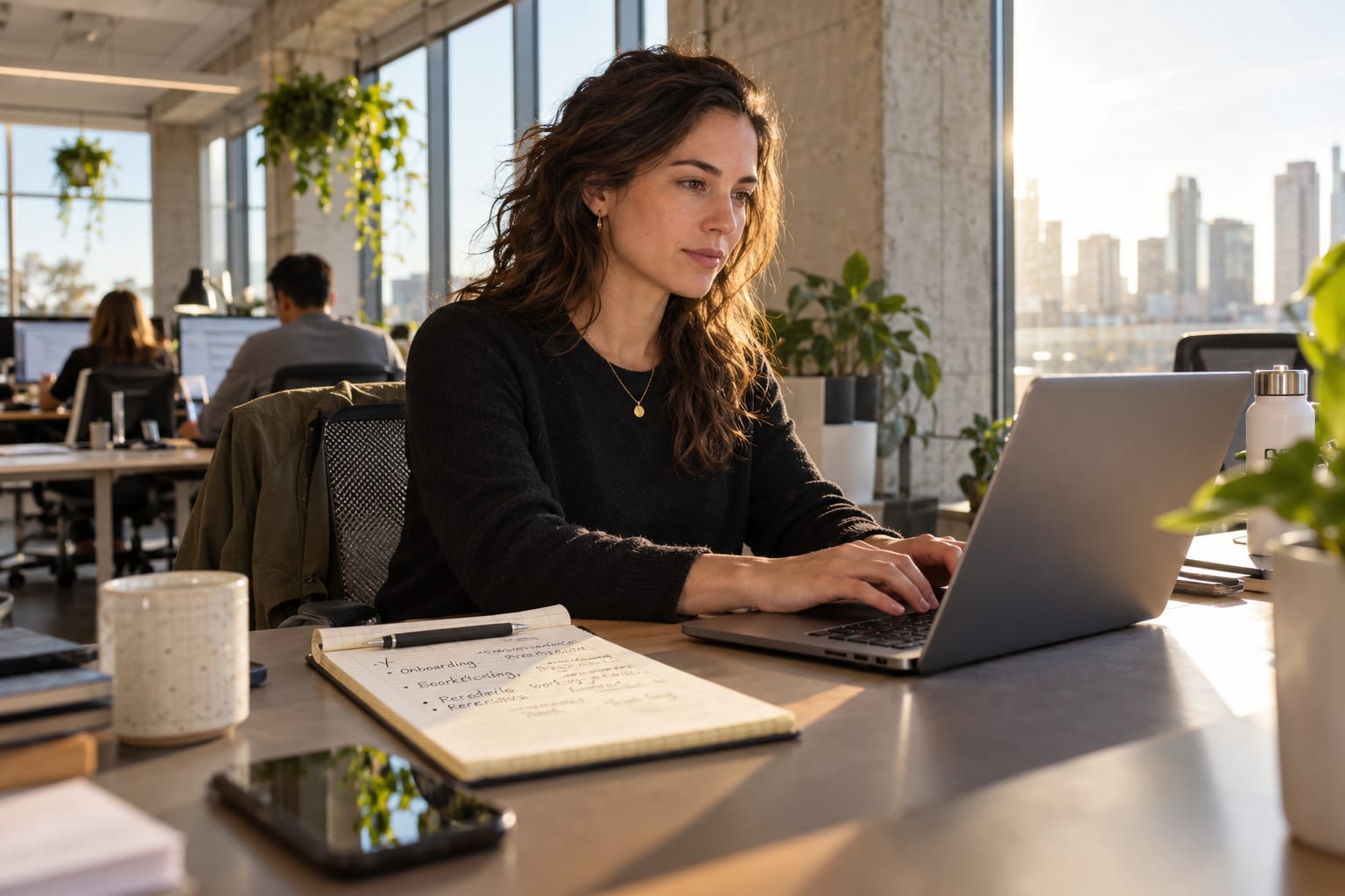 Operations manager drafting an employee privacy policy on a laptop in a modern open-plan office